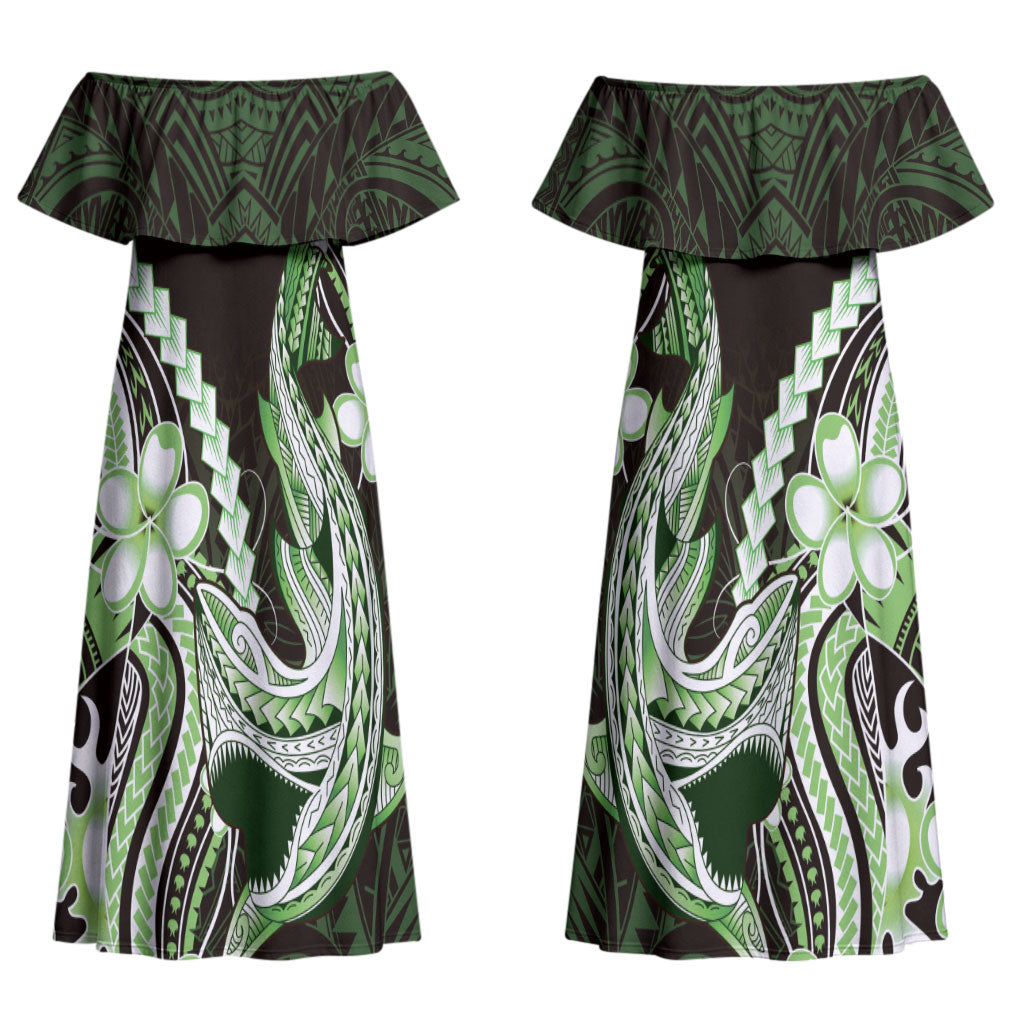 Green Black Aloha Hawaii Couples Matching Off Shoulder Maxi Dress and Hawaiian Shirt Polynesian Shark Tattoo Plumeria LT14 - Polynesian Pride