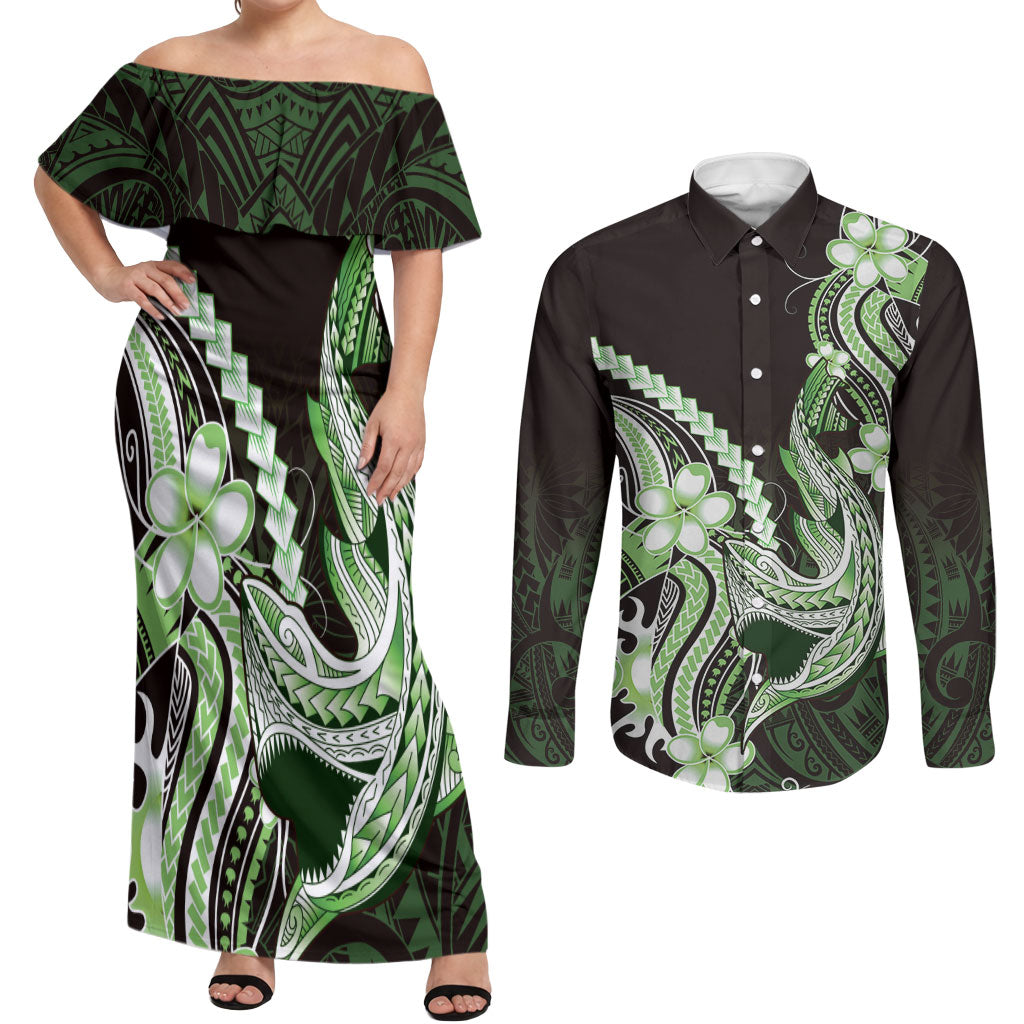 Green Black Aloha Hawaii Couples Matching Off Shoulder Maxi Dress and Long Sleeve Button Shirt Polynesian Shark Tattoo Plumeria LT14 Green - Polynesian Pride