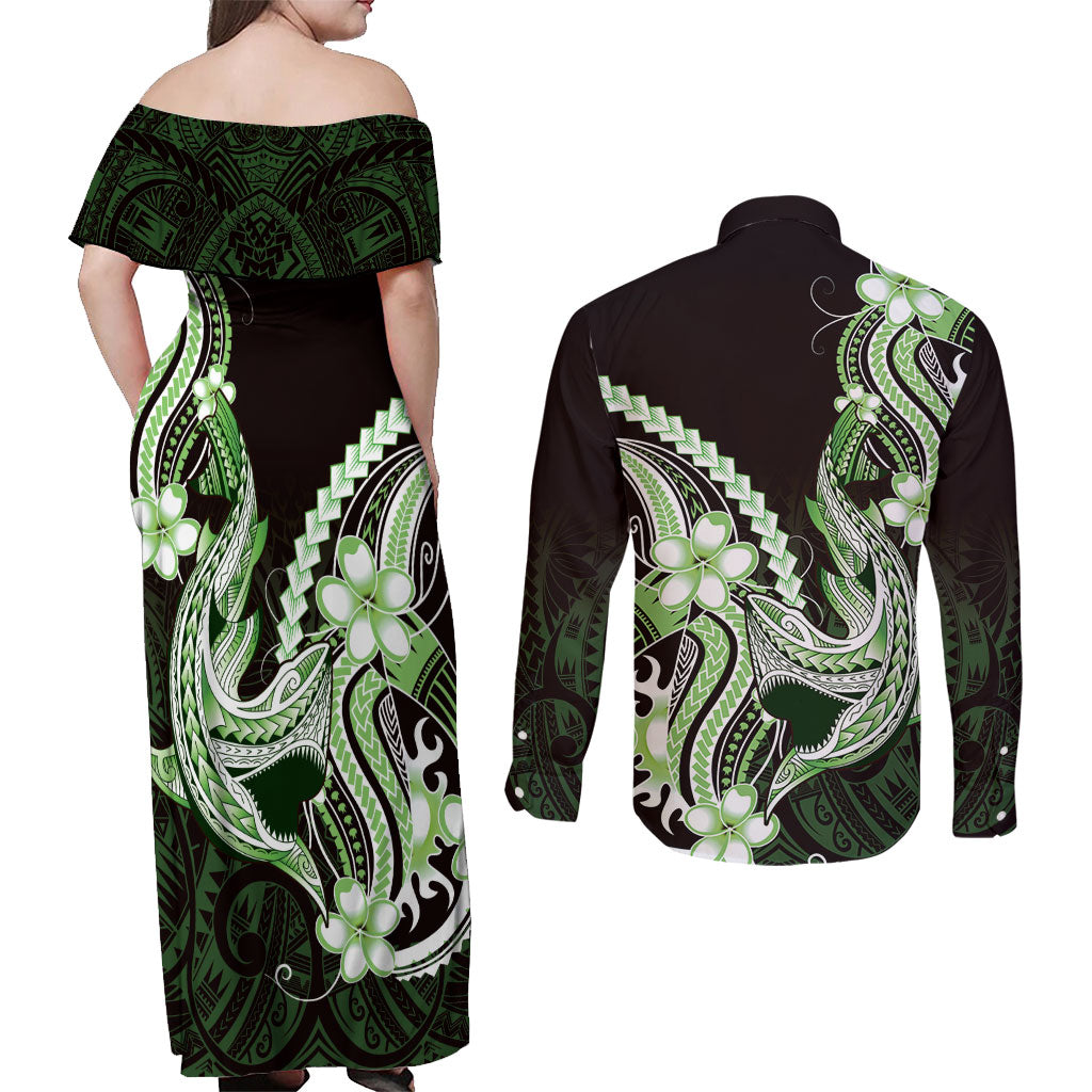 Green Black Aloha Hawaii Couples Matching Off Shoulder Maxi Dress and Long Sleeve Button Shirt Polynesian Shark Tattoo Plumeria