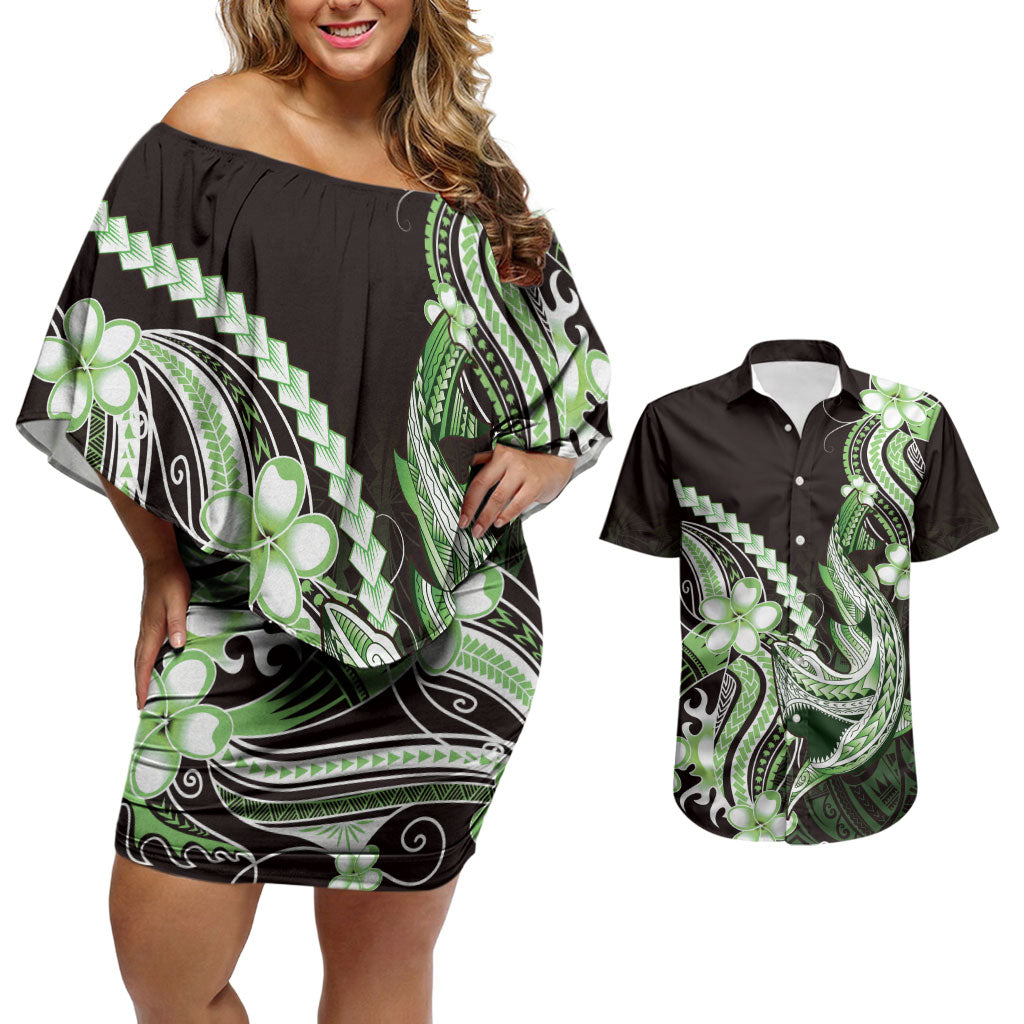 Green Black Aloha Hawaii Couples Matching Off Shoulder Short Dress and Hawaiian Shirt Polynesian Shark Tattoo Plumeria LT14 Green - Polynesian Pride