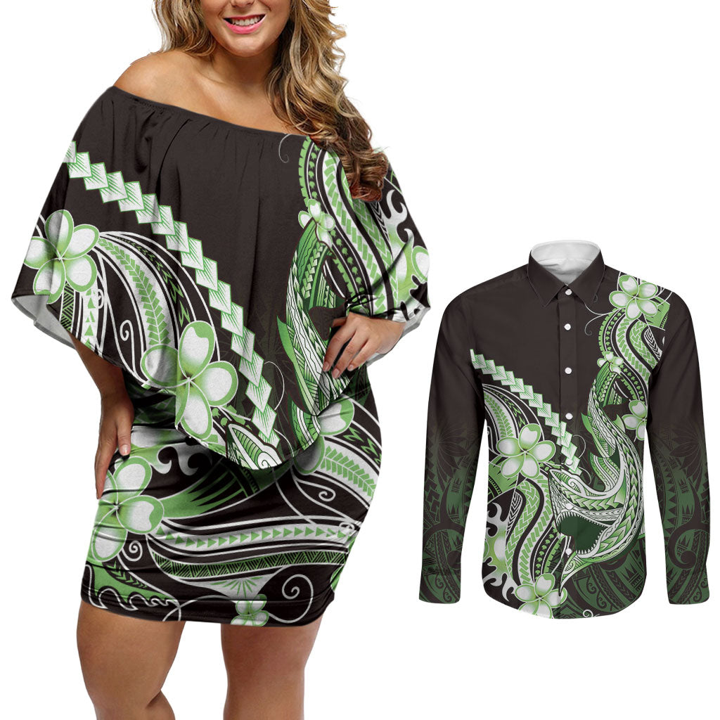 Green Black Aloha Hawaii Couples Matching Off Shoulder Short Dress and Long Sleeve Button Shirt Polynesian Shark Tattoo Plumeria LT14 Green - Polynesian Pride