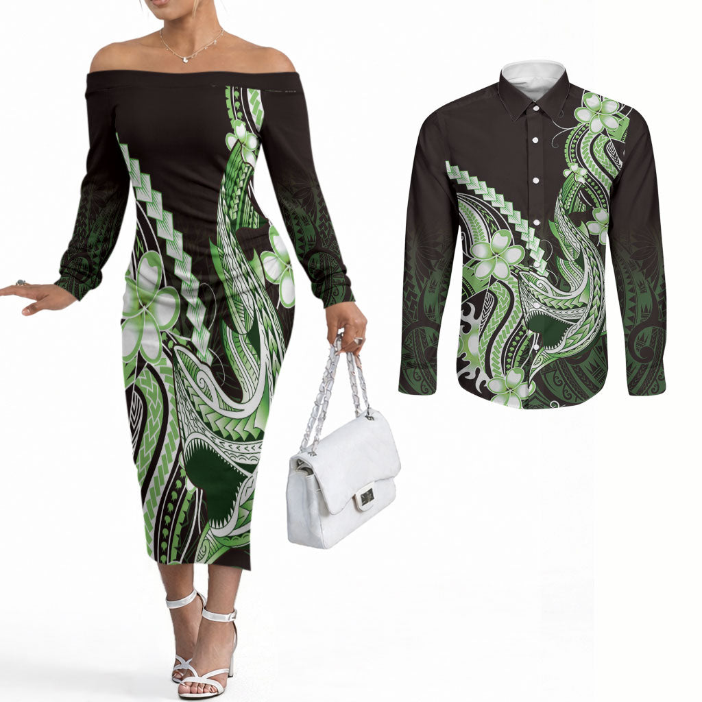 Green Black Aloha Hawaii Couples Matching Off The Shoulder Long Sleeve Dress and Long Sleeve Button Shirt Polynesian Shark Tattoo Plumeria LT14 Green - Polynesian Pride