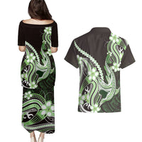 Green Black Aloha Hawaii Couples Matching Puletasi and Hawaiian Shirt Polynesian Shark Tattoo Plumeria
