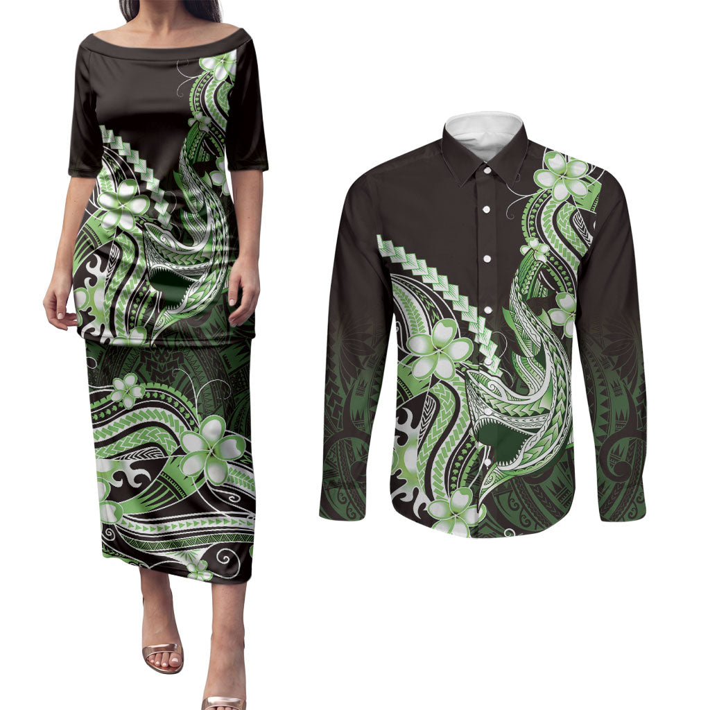 Green Black Aloha Hawaii Couples Matching Puletasi and Long Sleeve Button Shirt Polynesian Shark Tattoo Plumeria LT14 Green - Polynesian Pride
