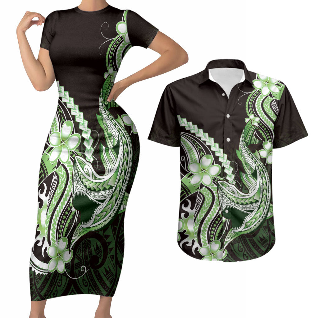Green Black Aloha Hawaii Couples Matching Short Sleeve Bodycon Dress and Hawaiian Shirt Polynesian Shark Tattoo Plumeria LT14 Green - Polynesian Pride