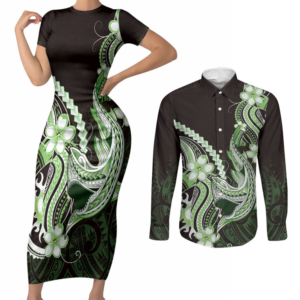 Green Black Aloha Hawaii Couples Matching Short Sleeve Bodycon Dress and Long Sleeve Button Shirt Polynesian Shark Tattoo Plumeria LT14 Green - Polynesian Pride
