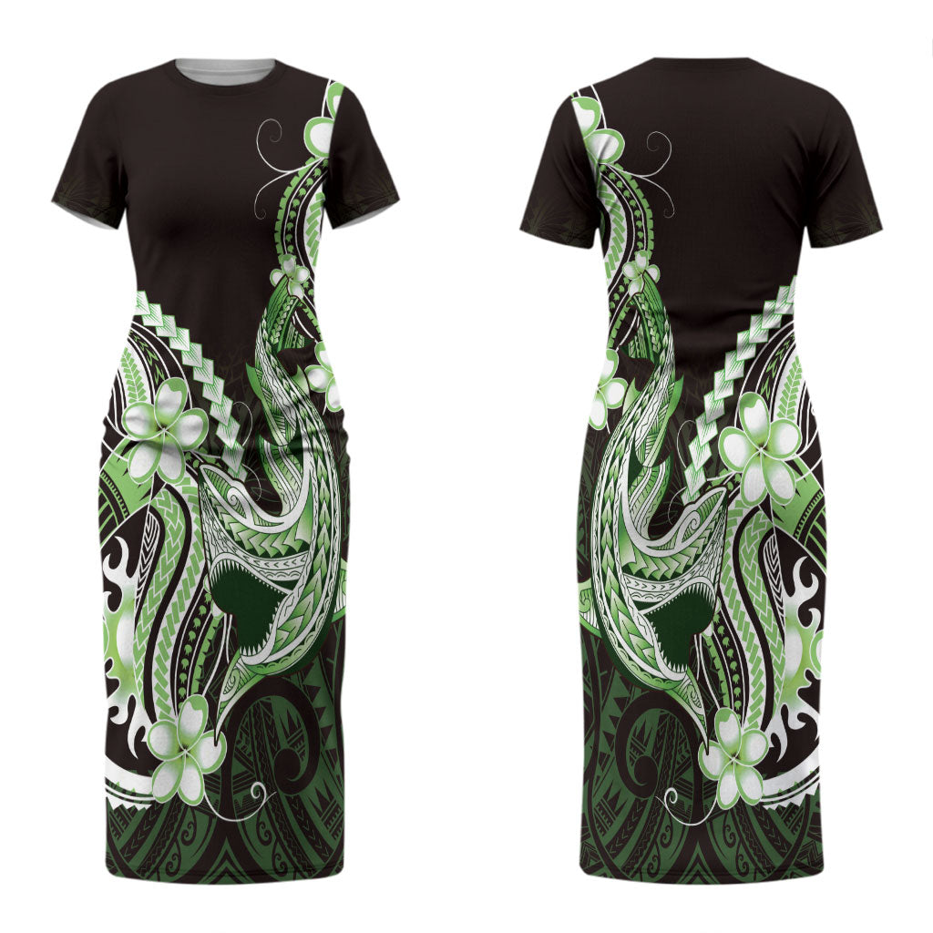 Green Black Aloha Hawaii Couples Matching Short Sleeve Bodycon Dress and Long Sleeve Button Shirt Polynesian Shark Tattoo Plumeria LT14 - Polynesian Pride