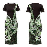 Green Black Aloha Hawaii Couples Matching Short Sleeve Bodycon Dress and Long Sleeve Button Shirt Polynesian Shark Tattoo Plumeria LT14 - Polynesian Pride