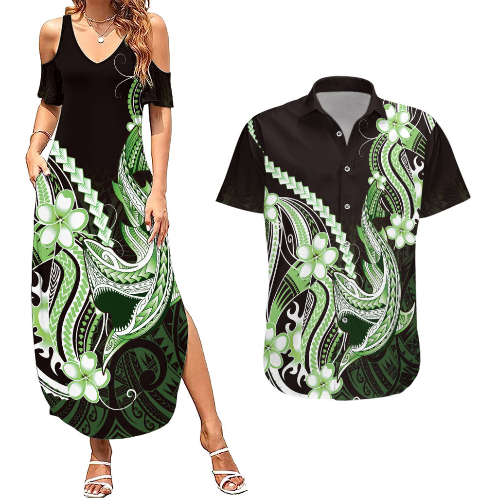 Green Black Aloha Hawaii Couples Matching Summer Maxi Dress and Hawaiian Shirt Polynesian Shark Tattoo Plumeria LT14 Green - Polynesian Pride