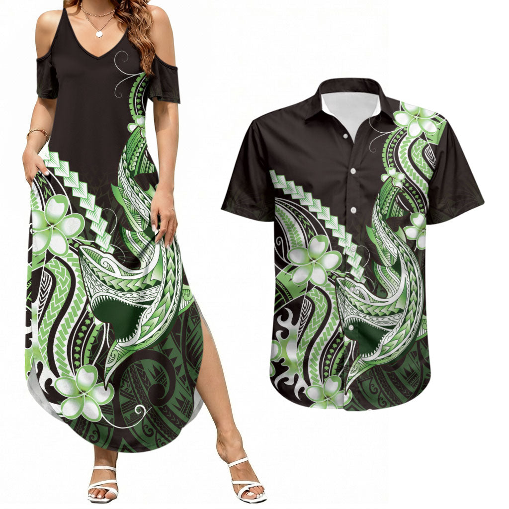 Green Black Aloha Hawaii Couples Matching Summer Maxi Dress and Hawaiian Shirt Polynesian Shark Tattoo Plumeria LT14 Green - Polynesian Pride