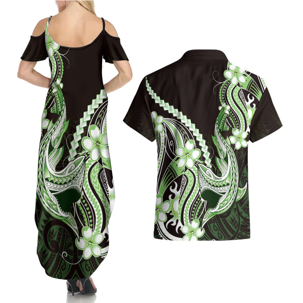 Green Black Aloha Hawaii Couples Matching Summer Maxi Dress and Hawaiian Shirt Polynesian Shark Tattoo Plumeria LT14 - Polynesian Pride