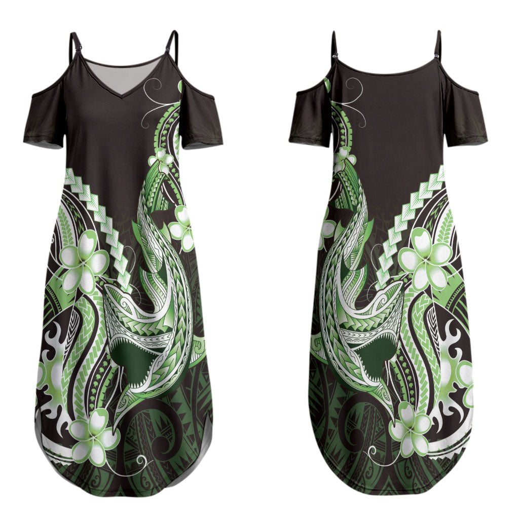 Green Black Aloha Hawaii Couples Matching Summer Maxi Dress and Long Sleeve Button Shirt Polynesian Shark Tattoo Plumeria LT14 - Polynesian Pride