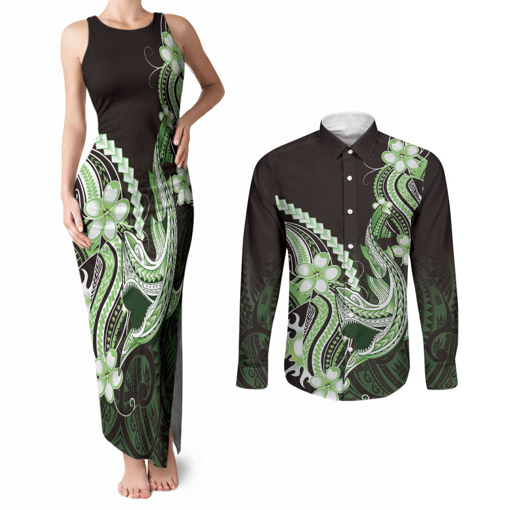 Green Black Aloha Hawaii Couples Matching Tank Maxi Dress and Long Sleeve Button Shirt Polynesian Shark Tattoo Plumeria LT14 Green - Polynesian Pride
