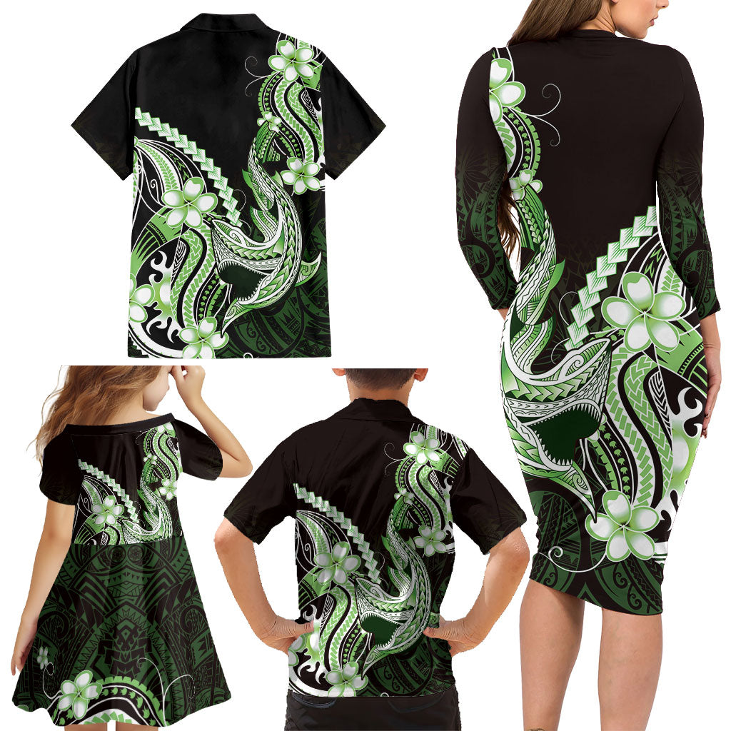 Green Black Aloha Hawaii Family Matching Long Sleeve Bodycon Dress and Hawaiian Shirt Polynesian Shark Tattoo Plumeria LT14 - Polynesian Pride
