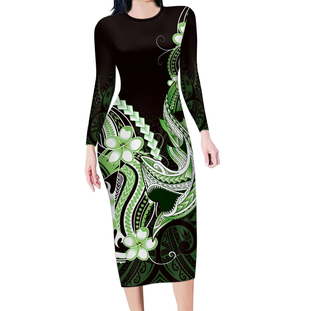Green Black Aloha Hawaii Family Matching Long Sleeve Bodycon Dress and Hawaiian Shirt Polynesian Shark Tattoo Plumeria LT14 Mom's Dress Green - Polynesian Pride