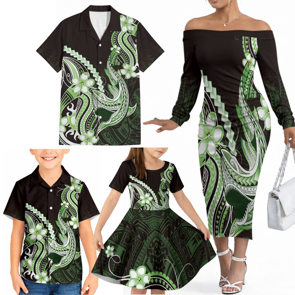 Green Black Aloha Hawaii Family Matching Off The Shoulder Long Sleeve Dress and Hawaiian Shirt Polynesian Shark Tattoo Plumeria LT14 - Polynesian Pride