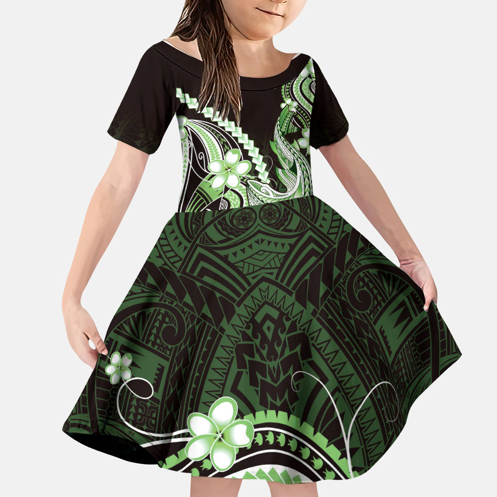 Green Black Aloha Hawaii Family Matching Off Shoulder Maxi Dress and Hawaiian Shirt Polynesian Shark Tattoo Plumeria LT14 Daughter's Dress Green - Polynesian Pride