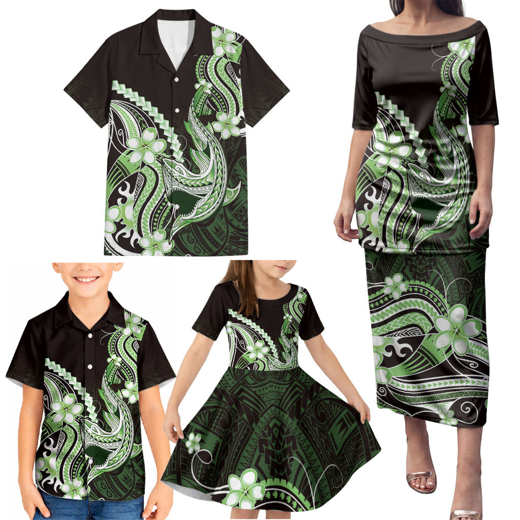 Green Black Aloha Hawaii Family Matching Puletasi and Hawaiian Shirt Polynesian Shark Tattoo Plumeria LT14 - Polynesian Pride