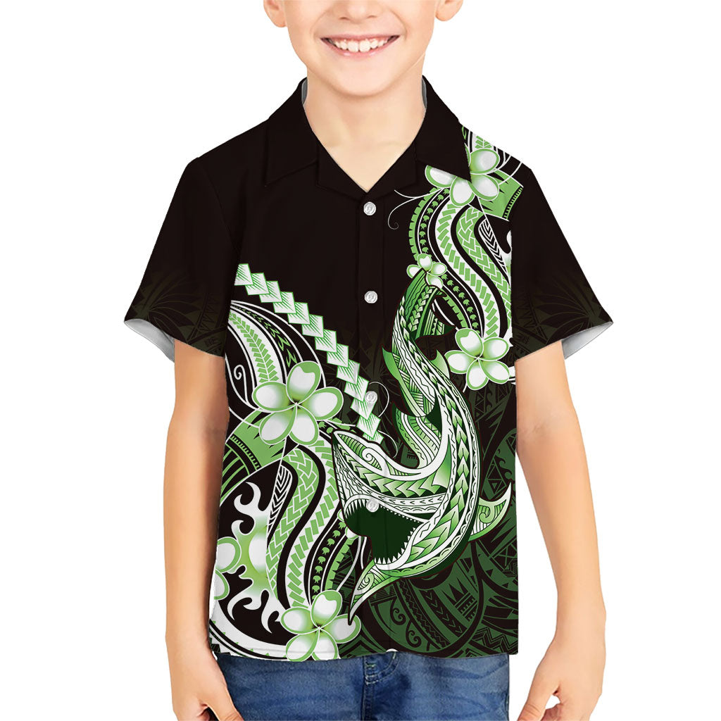Green Black Aloha Hawaii Family Matching Short Sleeve Bodycon Dress and Hawaiian Shirt Polynesian Shark Tattoo Plumeria LT14 Son's Shirt Green - Polynesian Pride