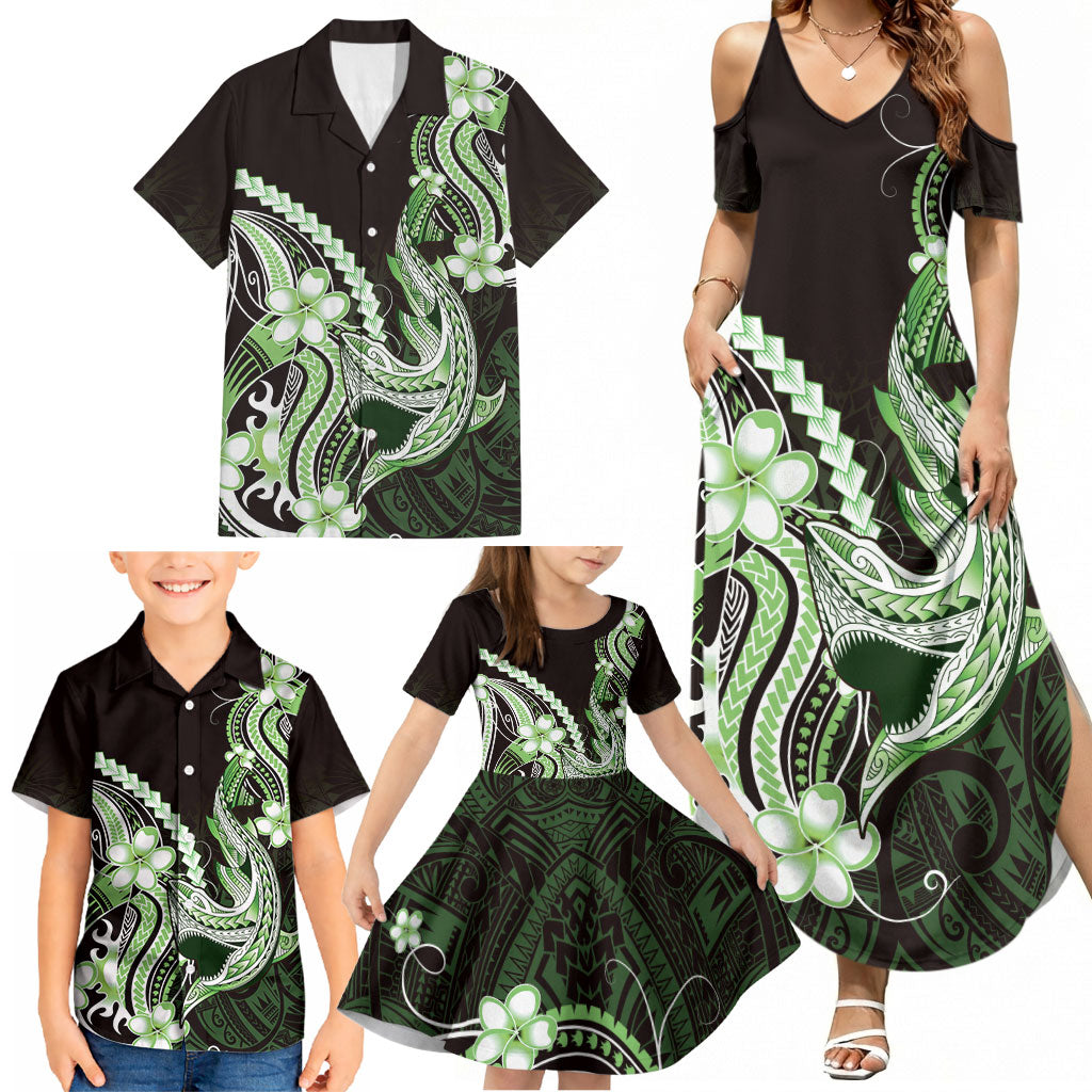 Green Black Aloha Hawaii Family Matching Summer Maxi Dress and Hawaiian Shirt Polynesian Shark Tattoo Plumeria LT14 - Polynesian Pride