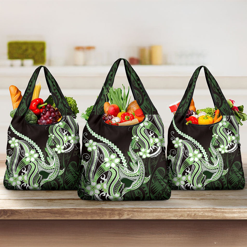 Green Black Aloha Hawaii Grocery Bag Polynesian Shark Tattoo Plumeria