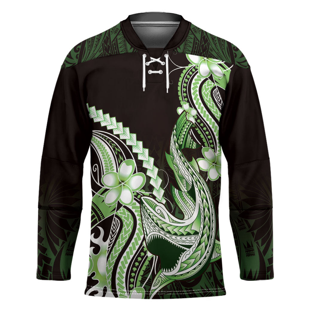 Green Black Aloha Hawaii Hockey Jersey Polynesian Shark Tattoo Plumeria
