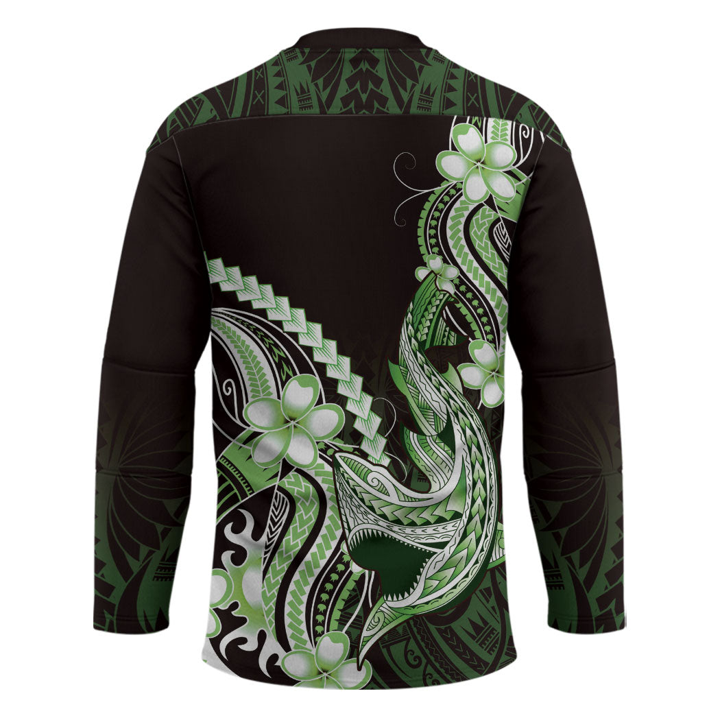Green Black Aloha Hawaii Hockey Jersey Polynesian Shark Tattoo Plumeria