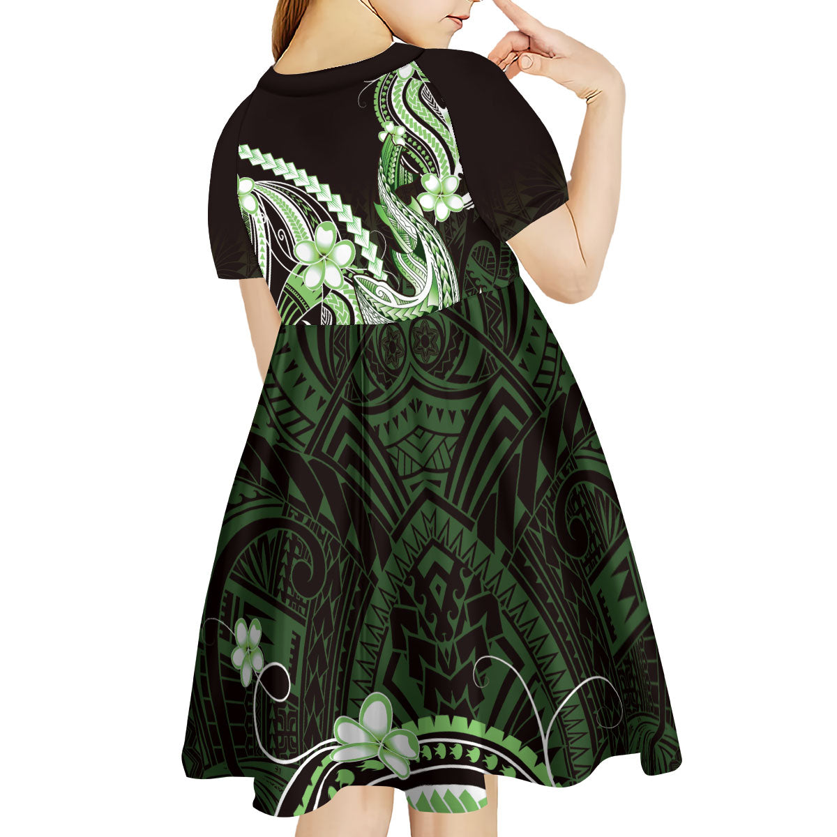 Green Black Aloha Hawaii Kid Short Sleeve Dress Polynesian Shark Tattoo Plumeria