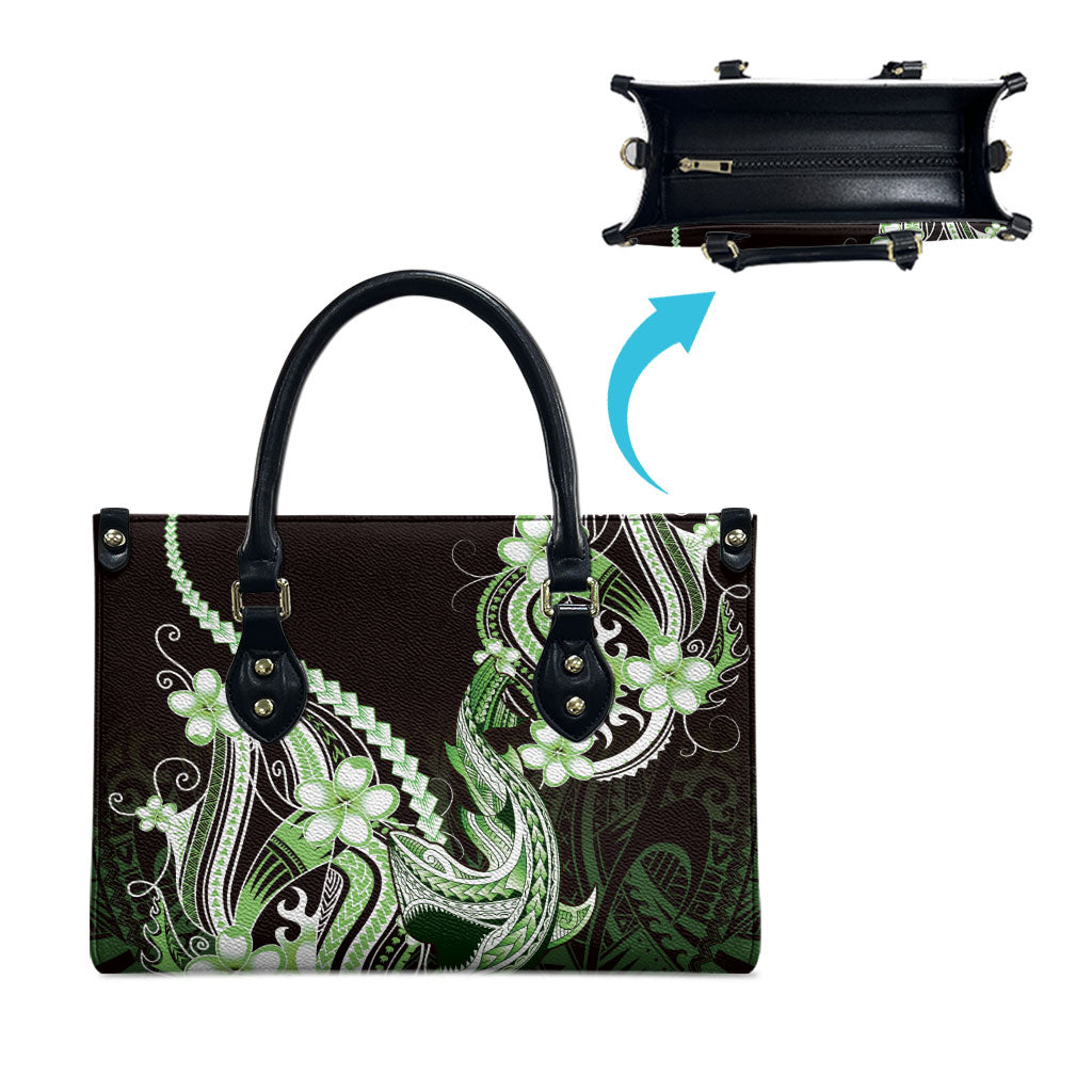 Green Black Aloha Hawaii Leather Bag Polynesian Shark Tattoo Plumeria