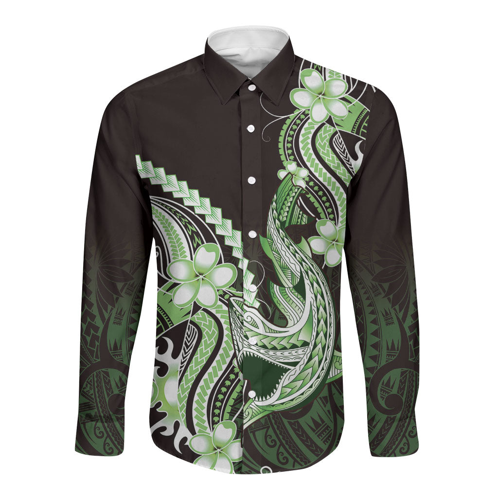 Green Black Aloha Hawaii Long Sleeve Button Shirt Polynesian Shark Tattoo Plumeria LT14 Unisex Green - Polynesian Pride