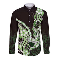 Green Black Aloha Hawaii Long Sleeve Button Shirt Polynesian Shark Tattoo Plumeria