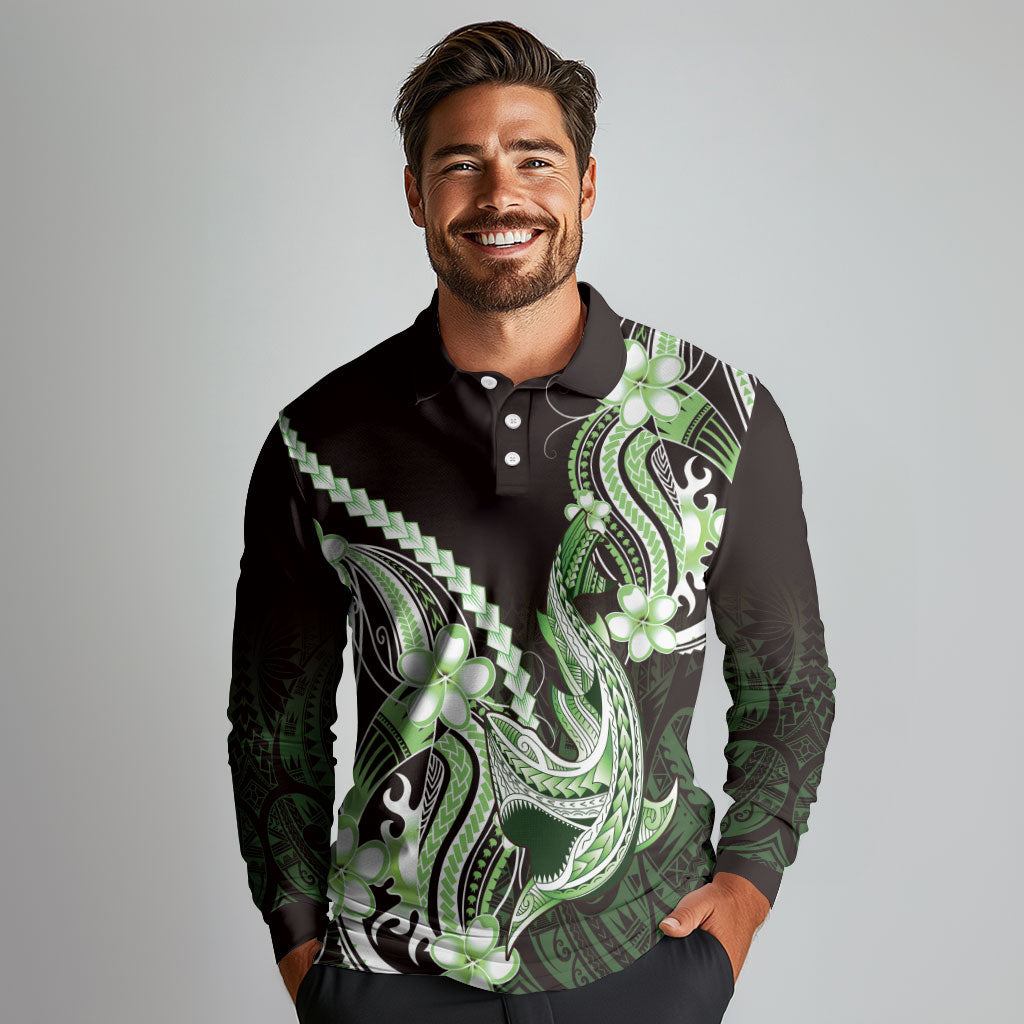 Green Black Aloha Hawaii Long Sleeve Polo Shirt Polynesian Shark Tattoo Plumeria