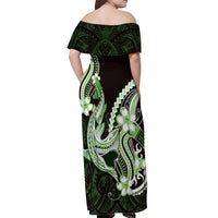 Green Black Aloha Hawaii Off Shoulder Maxi Dress Polynesian Shark Tattoo Plumeria
