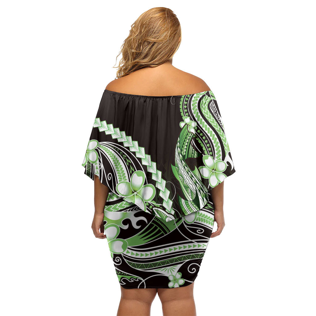 Green Black Aloha Hawaii Off Shoulder Short Dress Polynesian Shark Tattoo Plumeria
