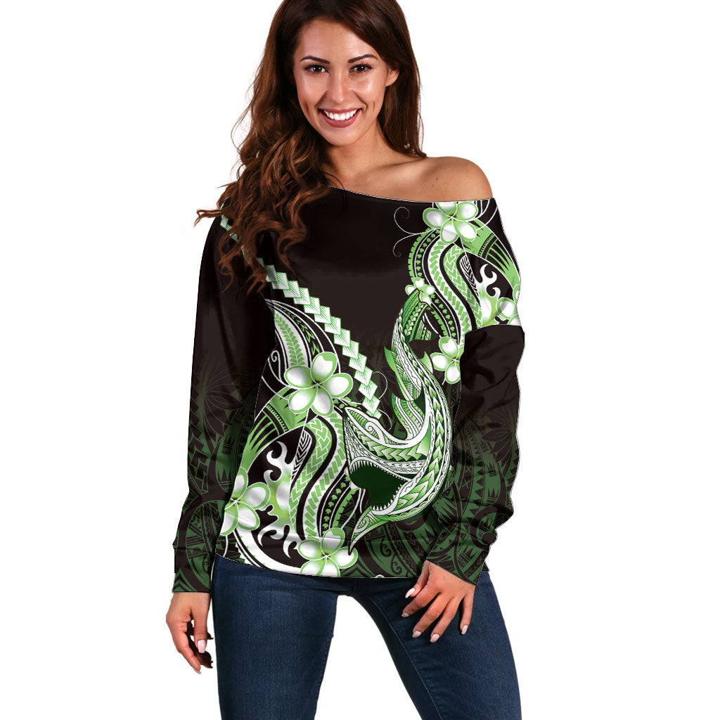Green Black Aloha Hawaii Off Shoulder Sweater Polynesian Shark Tattoo Plumeria LT14 Women Green - Polynesian Pride