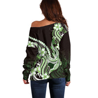 Green Black Aloha Hawaii Off Shoulder Sweater Polynesian Shark Tattoo Plumeria