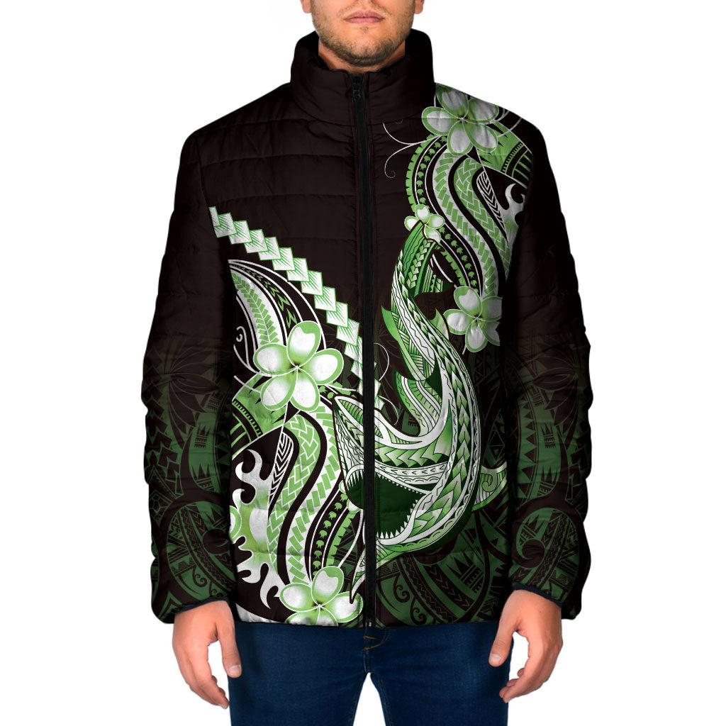 Green Black Aloha Hawaii Padded Jacket Polynesian Shark Tattoo Plumeria
