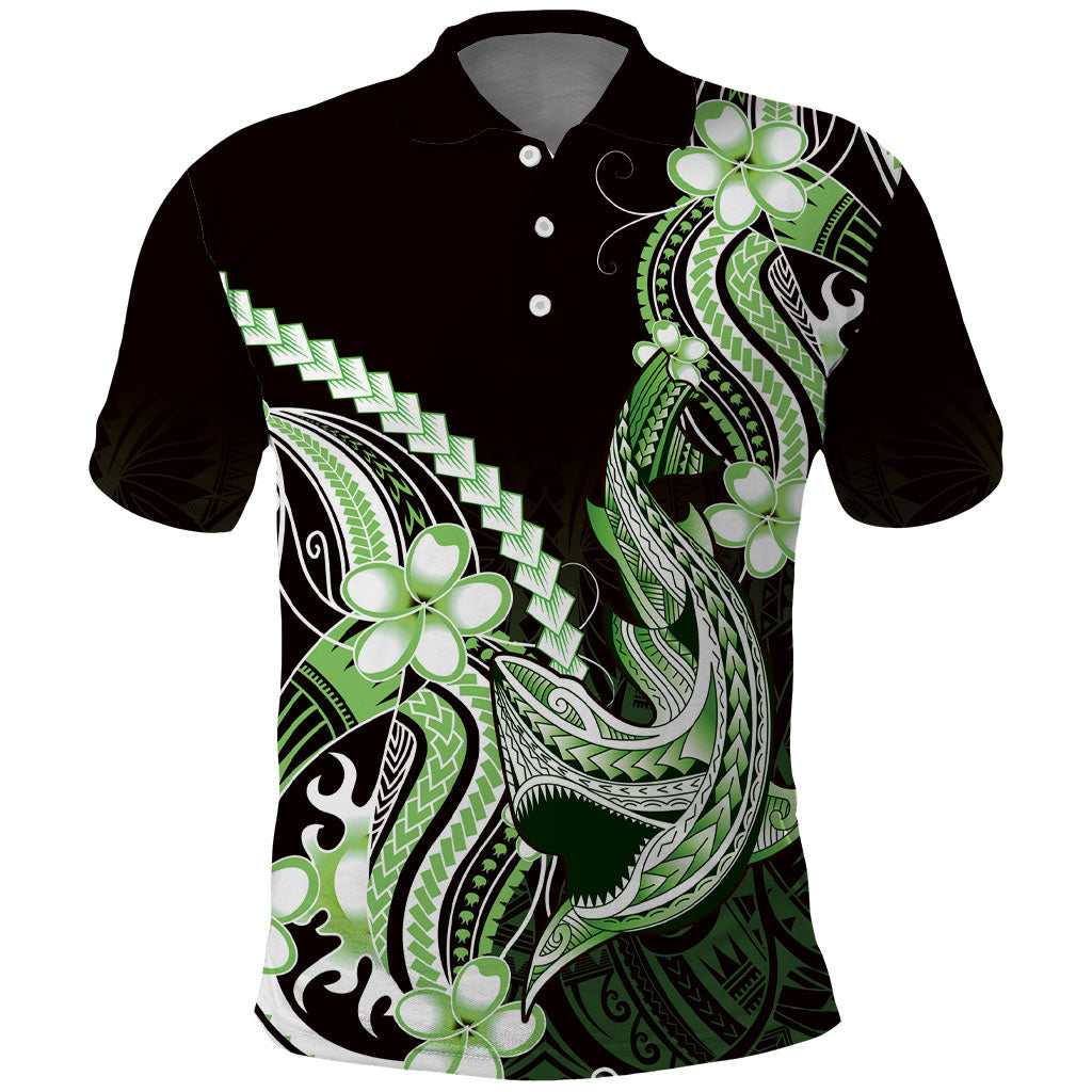 Green Black Aloha Hawaii Polo Shirt Polynesian Shark Tattoo Plumeria LT14 Green - Polynesian Pride