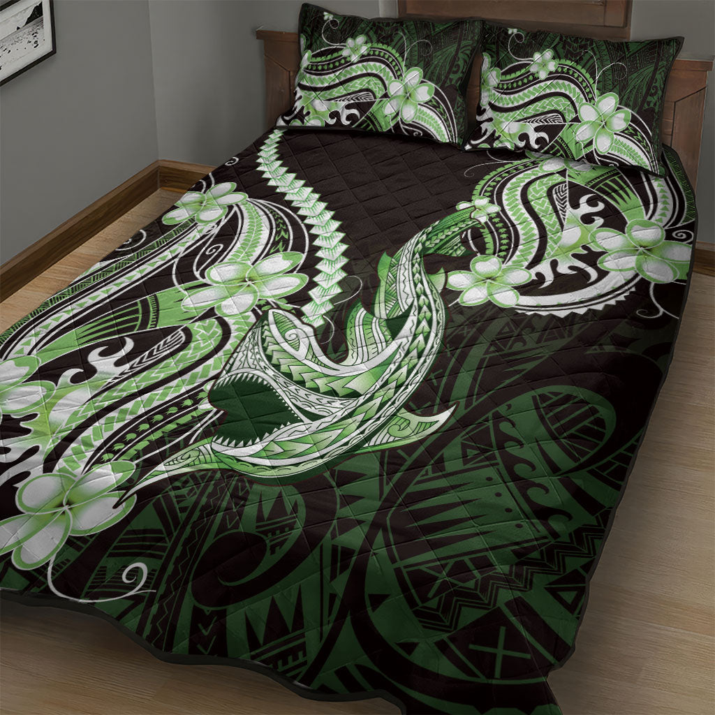 Green Black Aloha Hawaii Quilt Bed Set Polynesian Shark Tattoo Plumeria