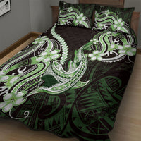 Green Black Aloha Hawaii Quilt Bed Set Polynesian Shark Tattoo Plumeria