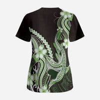 Green Black Aloha Hawaii Scrub Top Polynesian Shark Tattoo Plumeria