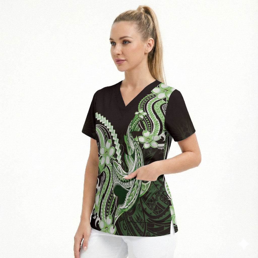 Green Black Aloha Hawaii Scrub Top Polynesian Shark Tattoo Plumeria
