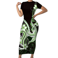 Green Black Aloha Hawaii Short Sleeve Bodycon Dress Polynesian Shark Tattoo Plumeria