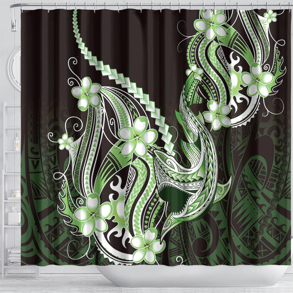 Green Black Aloha Hawaii Shower Curtain Polynesian Shark Tattoo Plumeria