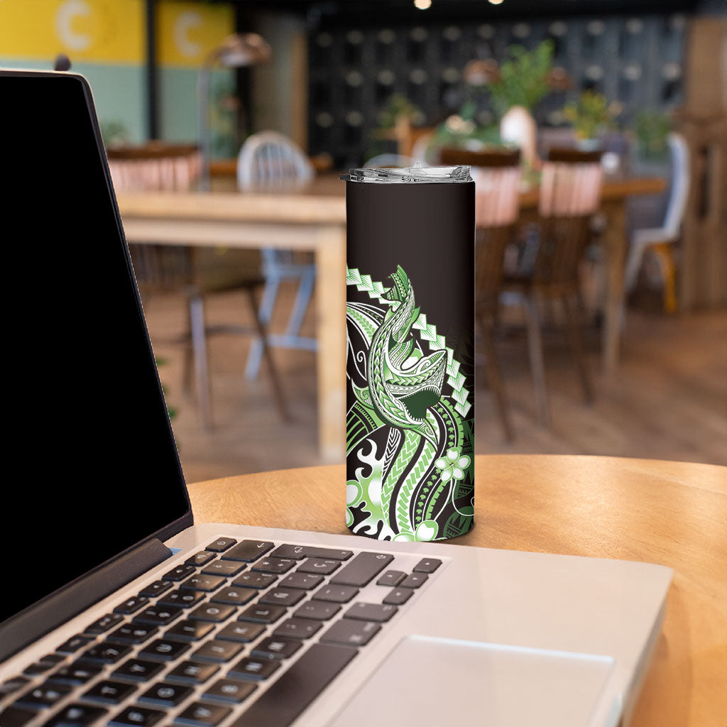 Green Black Aloha Hawaii Skinny Tumbler Polynesian Shark Tattoo Plumeria