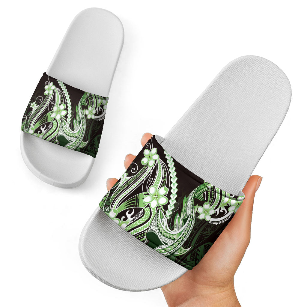 Green Black Aloha Hawaii Slide Sandals Polynesian Shark Tattoo Plumeria