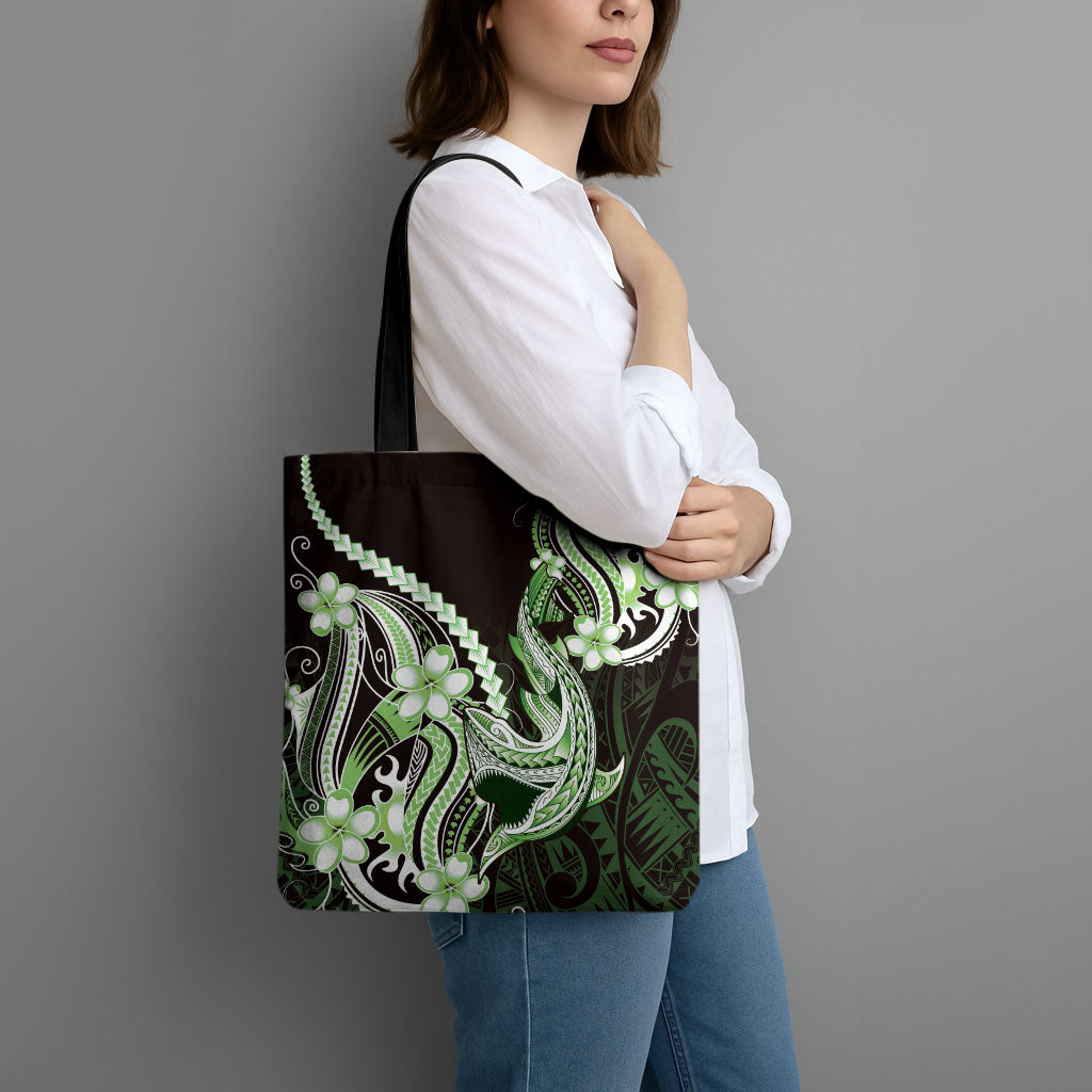 Green Black Aloha Hawaii Tote Bag Polynesian Shark Tattoo Plumeria