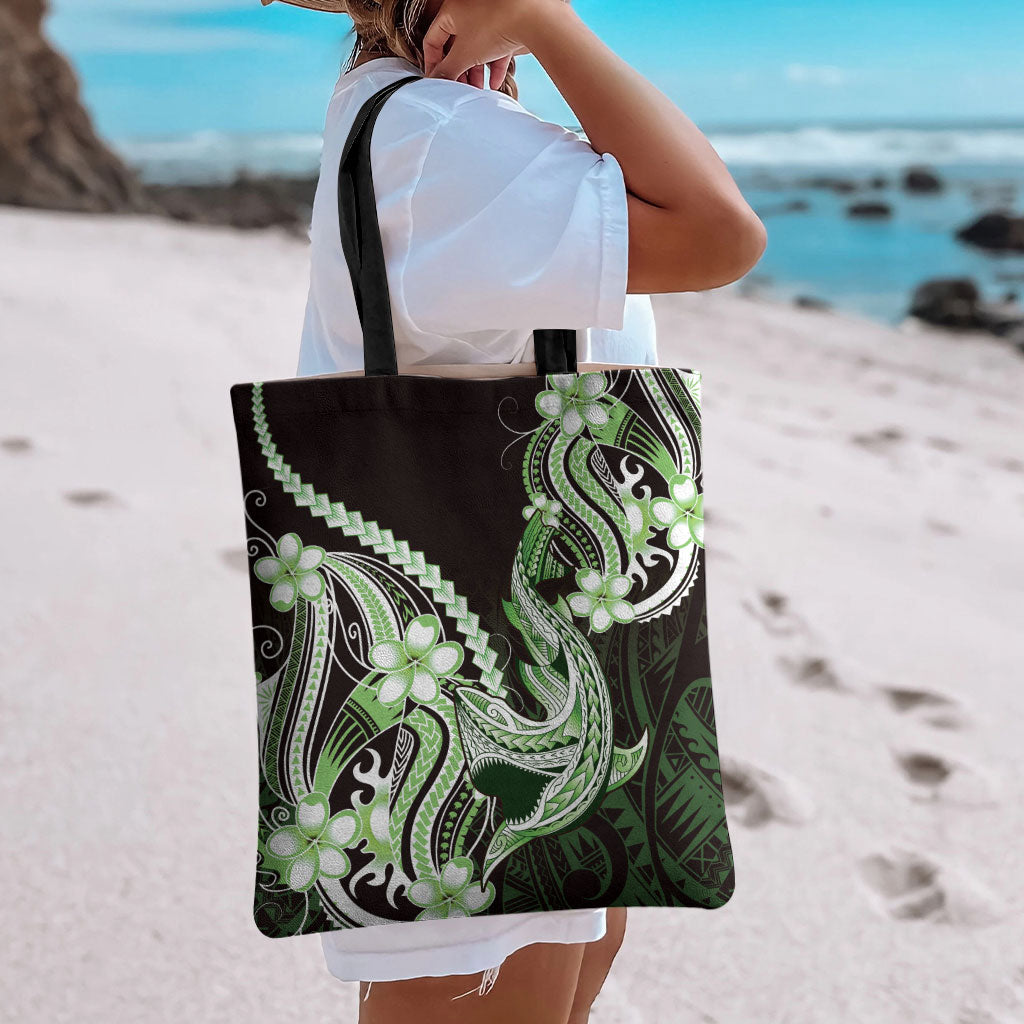 Green Black Aloha Hawaii Tote Bag Polynesian Shark Tattoo Plumeria