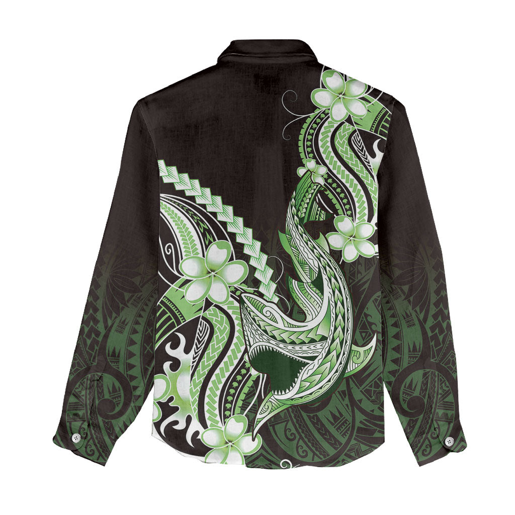 Green Black Aloha Hawaii Women Casual Shirt Polynesian Shark Tattoo Plumeria