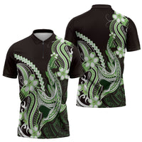 Green Black Aloha Hawaii Zipper Polo Shirt Polynesian Shark Tattoo Plumeria